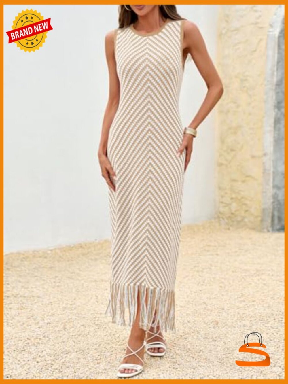 Boho Crochet Knit Maxi Dress Sleeveless Tassel Fringe Sweater Tank Dress - Picture 2 of 5